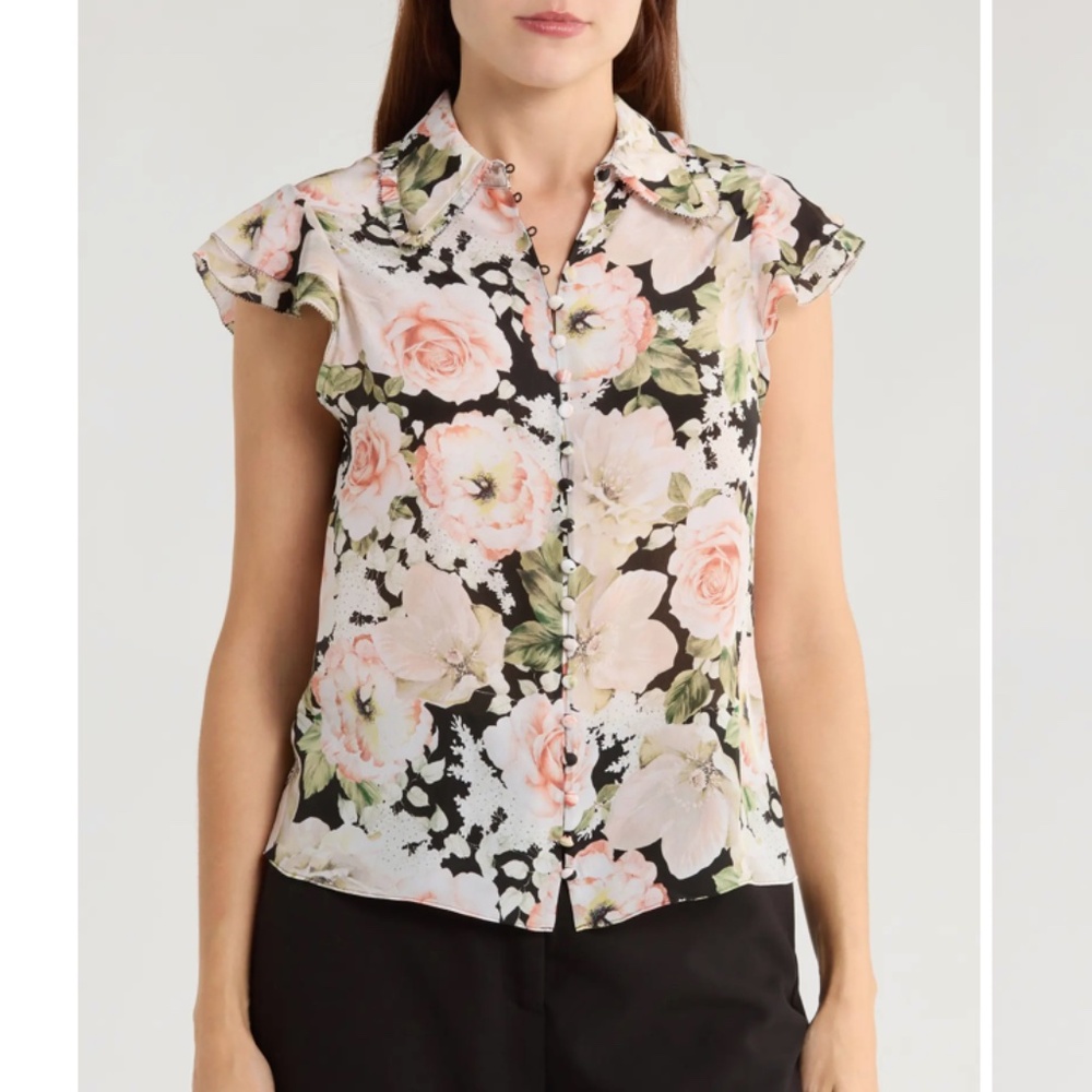 NWT Alice and Olivia Martel Floral Flutter Sleeve Silk Shirt sz Retail $350